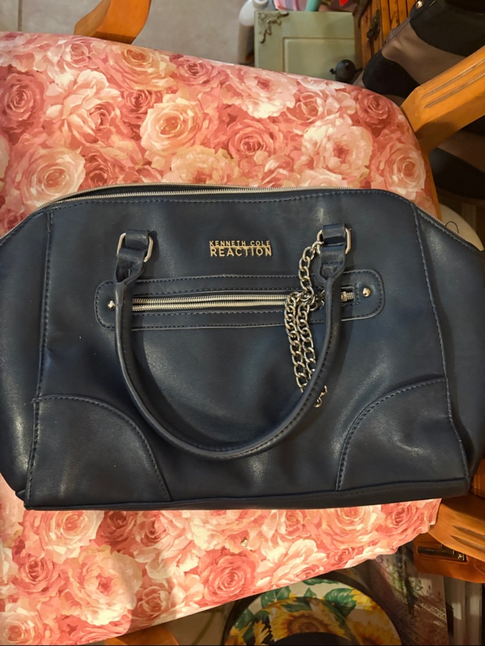 Kenneth Cole Reaction Navy Leather Satchel with Chain Accent
